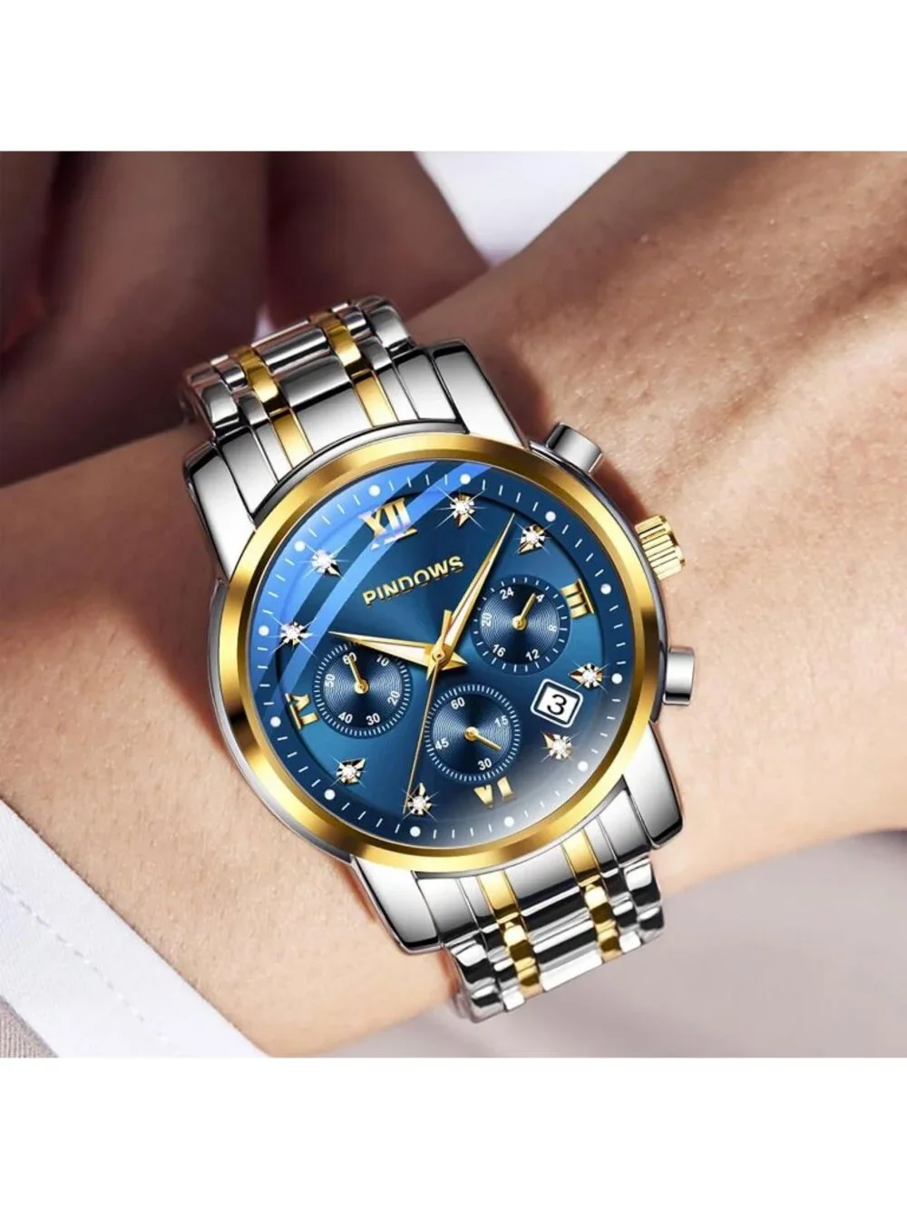Men's Two Tone Blue Dial Classic Quartz Watch Stainless Steel Diamond Watch